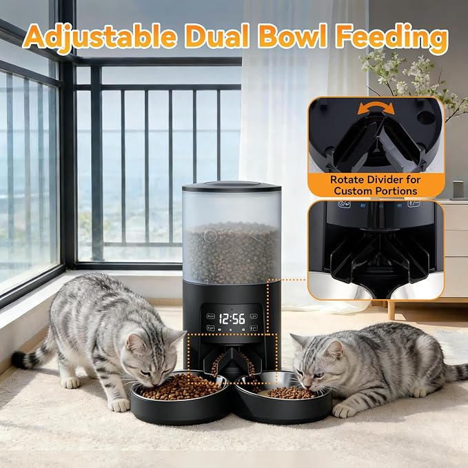 NEWBULIG Automatic Cat Feeder for 2 Cats, 6L/25.3 Cups Timed Pet Feeders with Dual Bowls, 10s Voice Recorder, Dog Food Dispenser for Dry Food, 6 Meals/Day, 50 Portions/Meal, Dual Power Supply, Black
