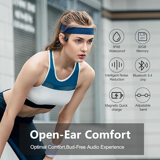 Bone Conduction Headphones for Swimming, IPX8 Waterproof Swimming Headphones with 32GB MP3 Memory and Bluetooth 5.4, Underwater Earbuds Secure Fit Open Ear Sports Headphones for Running, Cycling