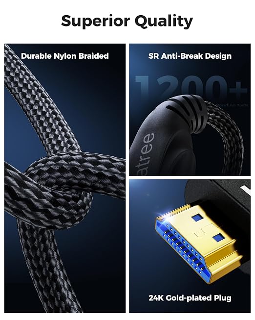 Cratree HDMI Cables 10FT 2Pack- Certified 8K Ultra High Speed HDMI Braided Cable 48Gbps,8K 60hz,4K 120hz,eARC,HDCP 2.2-2.3 - Compatible for HDTV/PS5/Blu-ray/RTX 3080 3090