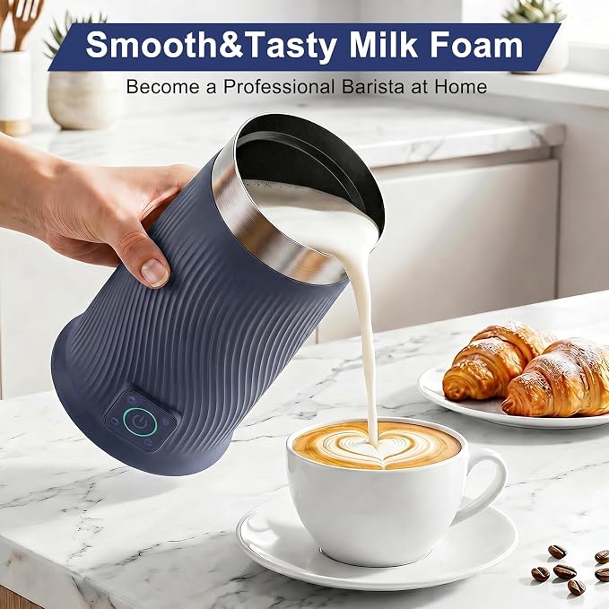 Wowteam Milk Frother, 4-in-1 Electric Milk Steamer, Warm and Cold Milk Warmer and Foam Maker for Coffee, Latte, Cappuccinos, Macchiato, 8.2oz/240ml, Stainless Steel (Blue)