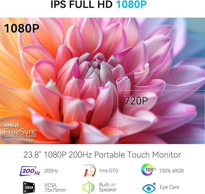 Prechen 23.8" 200hz Portable Touchscreen Monitor 99% sRGB VA FHD 1080P, VESA, Built-in Speaker, w/90°Adjustable Stand USB-C HDMI External Second Touch Screen Display for Laptop/PC/Phone