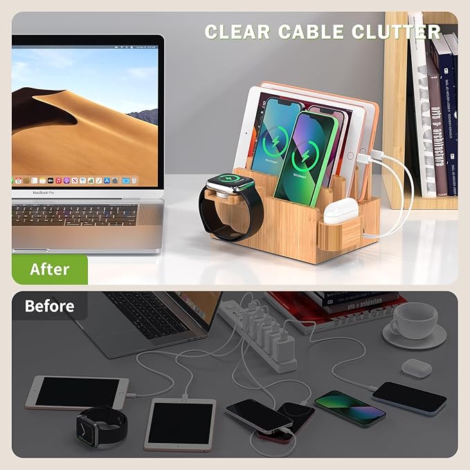 Pezin & Hulin Bamboo Charging Station for Multiple Devices with 5 Port USB Charger, 5 Cables, Watch&Earbuds Stand, Electronic Device Desktop Organizer for Cellphone, Tablet, Watch, Earbuds