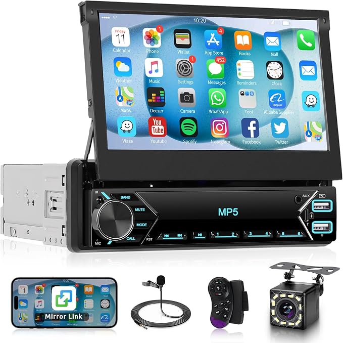 Single Din Flip Out IPS Touchscreen Car Stereo, 7inch Car Stereo with Bluetooth Car Audio Receivers, Backup Camera, FM Radio/Mirror Link/USB/AUX/TF/Type-C Fast Charging