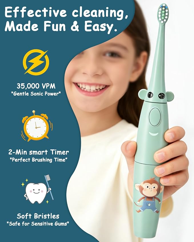 Kids Water Flosser & Electric Toothbrush Combo for Ages 6-12,Children Oral Irrigator with 3 Gentle Modes & 2 Sonic Modes,Braces-Friendly Dental Kit for Boys & Girls (Giraffe & Monkey Design)