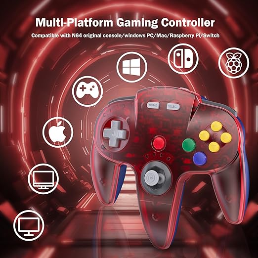 KIWITATA N64 Wireless Controller for Switch Games, 2.4GHZ Rechargeable N64 Remote Joystick Wireless Gamepad Controller Compatible with N64 System, Raspberry Pi, MAC,PC Windows 7,8,10,11 Clear Red