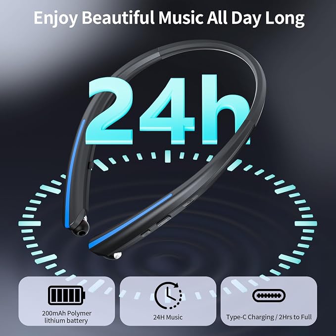 Neckband Retractable Bluetooth Headphones, Wireless Headset with 22H Playtime, Sweat-Resistant Sports, Dual Device Connect, Noise Cancelling Earphones with Mic (Blue)