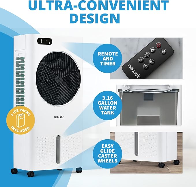 Newair Evaporative Air Cooler | AC Portable Air Conditioner Alternative with 1,600 CFM Airflow | Room Cooling Fan for Bedroom, Garage & Indoor Use | White