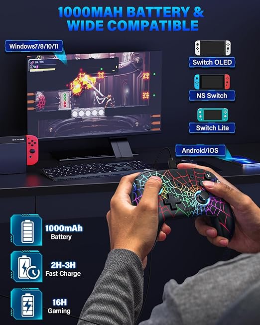 Switch Controller, Wireless Pro Controller Compatible with Nitendo Switch/Switch 2/Switch Lite/Switch OLED, Switch Controller Pro, Rechargeable Switch Remote Gamepad with 6-Axis Gyro,10 LED Light