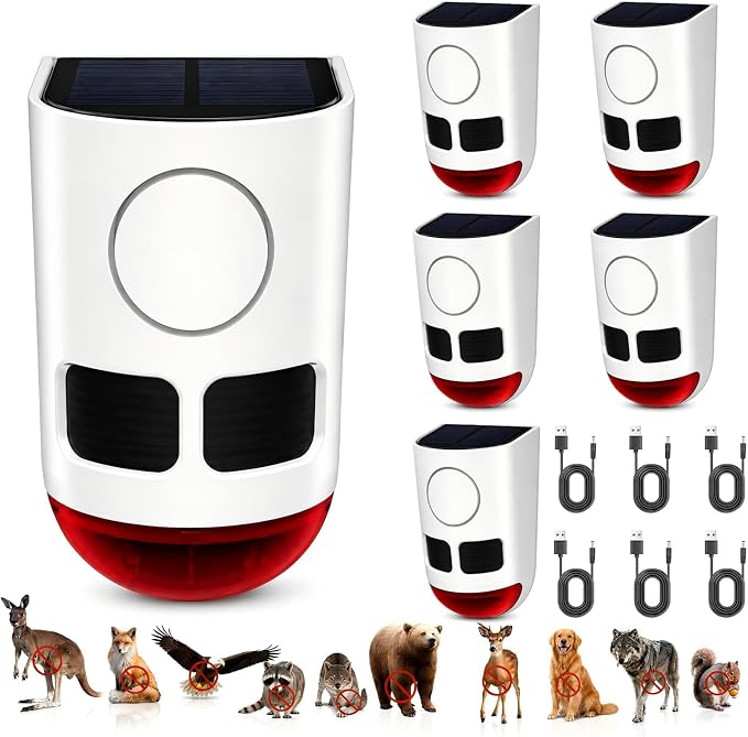 ChunHee Solar Motion Sensor Alarm Outdoor 4 Working Mode Dog Barking Motion Activated Alarm 129dB Loud Sound Noise Maker IP65 Waterproof Motion Detector with Strobe Light for Yard Farm Garden 6Pack