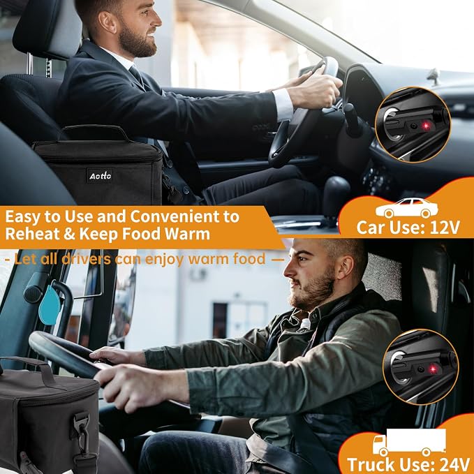 Aotto Heated Lunch Box Food Warmer - 12V/24V 2-in-1 Car Food Warmer with Vehicle Plug - Mini Portable Electric Lunch Box Heater for Men and Women - Reheat & Keep Meals Warm On the Go - Black