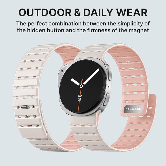 Bandletic Magnetic Band Compatible with Samsung Galaxy Watch 8 40mm 44mm / Watch 8 Classic 46mm 2025, No Gap Soft Breathable Silicone Replacement Strap for Men Women, Starlight/Pink