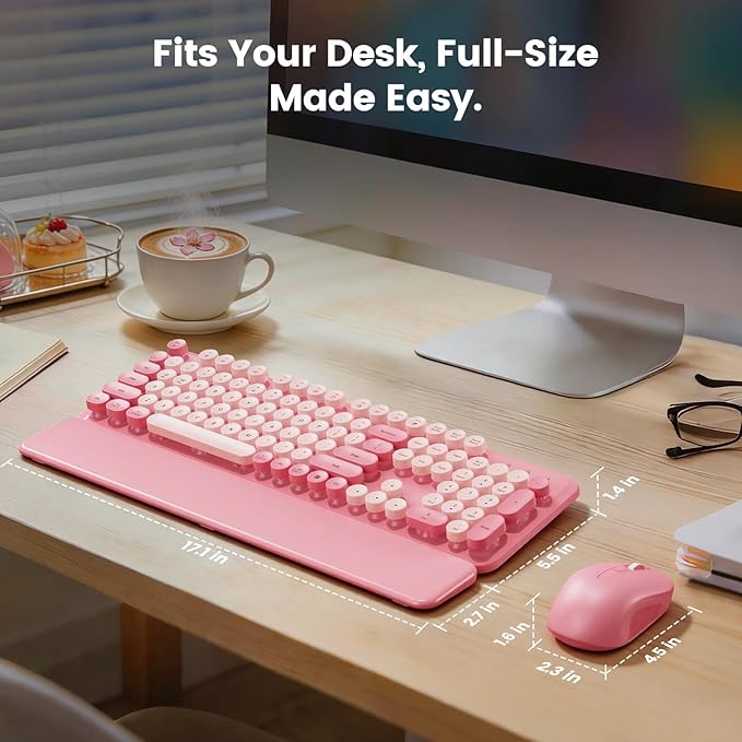 Wireless Keyboard and Mouse Combo with Magnetic Wrist Rest, Round Keycaps, Full-Size Retro Typewriter-Style, Two-Stage Tilt Legs, Auto-Sleep, 2.4G Wireless for Windows Mac Laptop PC, Soft Blush Pink