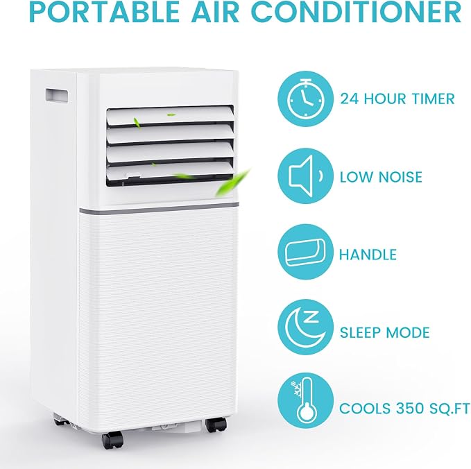Electactic Portable Air Conditioner 8,000 BTU, 3-in-1 AC Cooler Dehumidifier Fan with LED Display, Remote Control, Quiet, Sleep Mode, 360° Casters, Window Kit for Room Office Apartment Garage