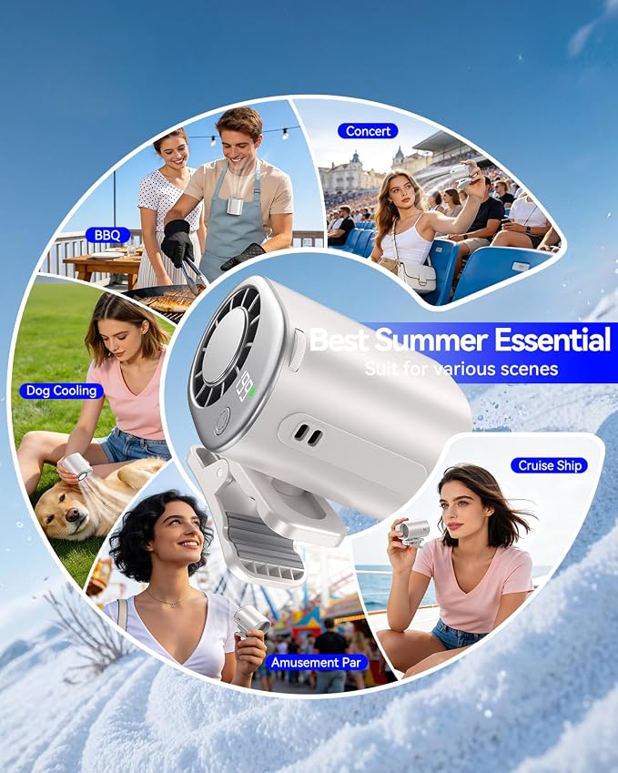 Clip-On Portable Fan with Ice Cooling, 20000 RPM Rechargeable Handheld Turbo Fan, 360° Rotating Detachable Clip, Mini Stroller Fan for Baby, Compact Travel Essentials, Summer Gifts for Women,White