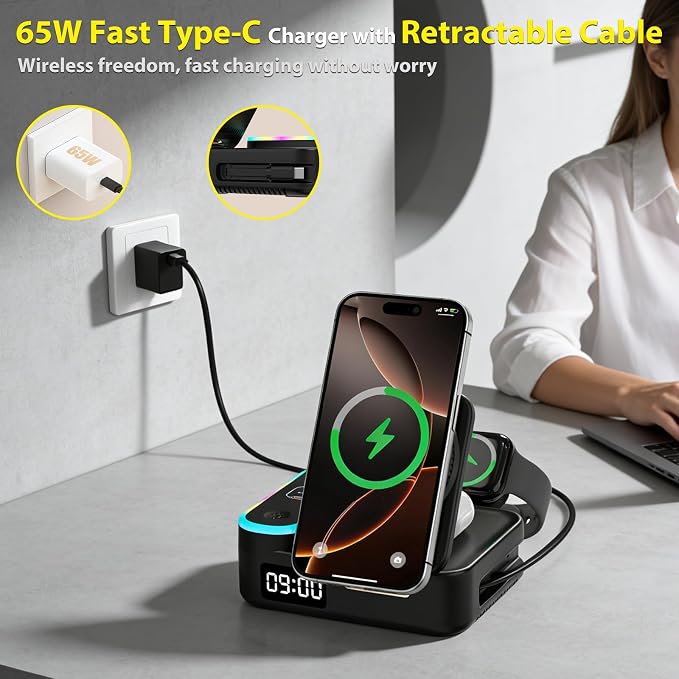 65W 8-in-1 Wireless Charging Station for Apple Samsung Multi-Devices, 3-Ports USB A/C Retractable Charger Stand/Desktop Orgnaizer for iPhone17/16/Galaxy 26/iPad/iWatch AirPods for Home Office, Family