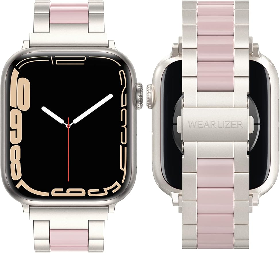 Wearlizer Compatible with Apple Watch Band 38/40/41/42mm Fashion Wristbands Womens, Stainless Steel + Resin Metal Replacement for iWatch Series 11 10 9 8 7 6 5 4 3 SE/Ultra 3 2 1-Starlight+Pink
