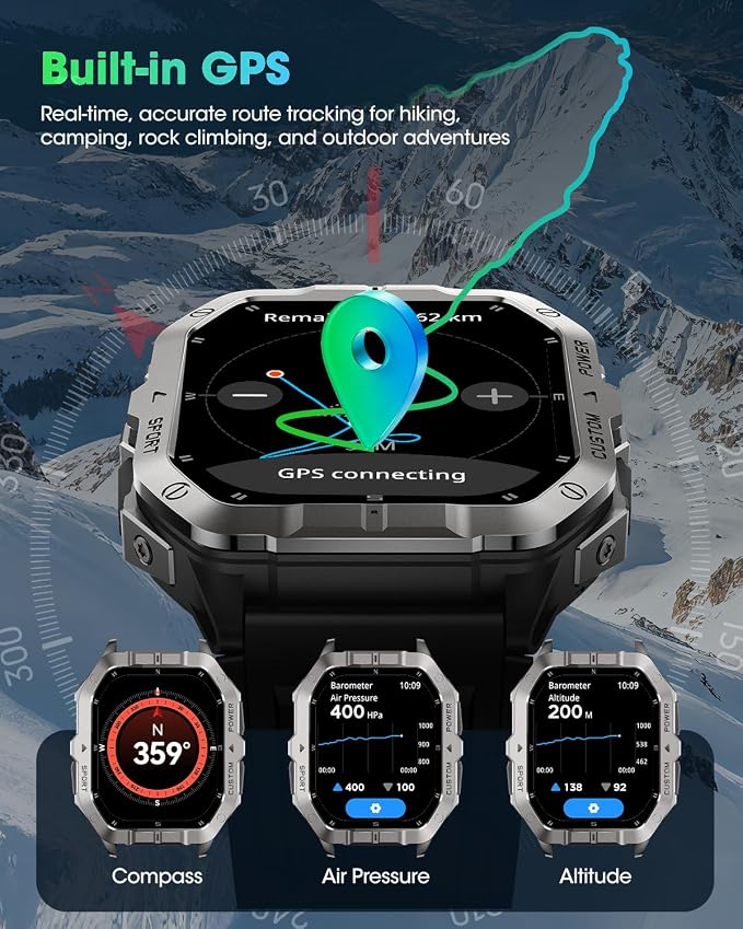 Military Smart Watch Built-in GPS, 100+ Sport Modes for Men, Smartwatch with Heart Rate & Sleep Tracking, 2ATM Waterproof, Bluetooth Calling, Fitness Watch for iPhone & Android, Black