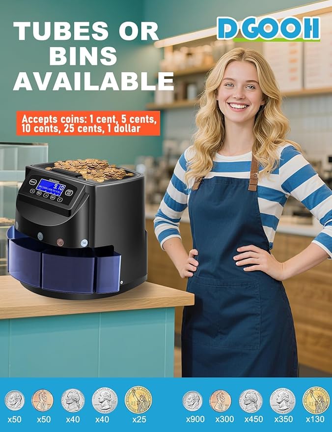 Coin Counter and Dollar Coin sorter with LCD Display, 300-coin Capacity, Supports Multiple Coin Types, Equipped with Sorting and Packaging Machine for Fast and Accurate Sorting (Coin Counter)
