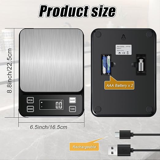 Waterproof Kitchen Scale, 10kg/22lb Food Scale Precisely Measures Grams and Ounces for Baking and Cooking, Stainless Stee Digital Scale with LCD Display for Food