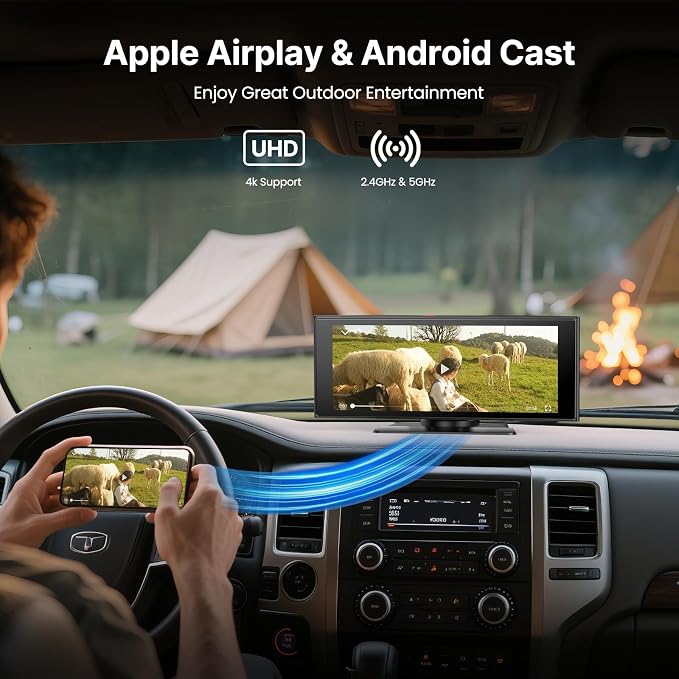 WonVon Wireless Car Play Screen, 10.26'' Monitor with Apple Carplay & Android Auto, 4K Portable Smart Touch Tablet Stereo Multimedia Dashboard, Bluetooth/FM/GPS/AUX