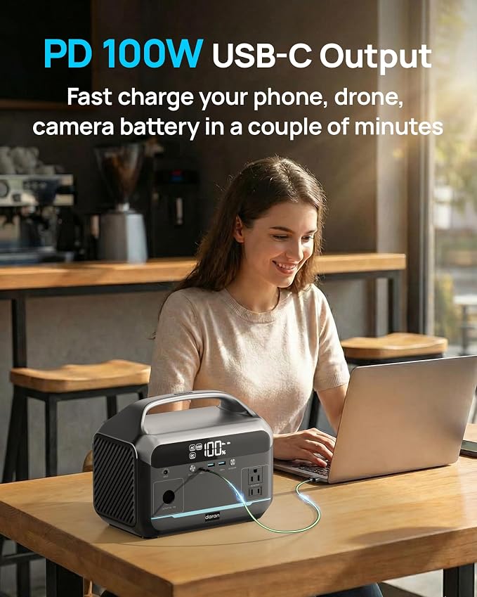 DaranEner Portable Power Station 600W, 288Wh LiFePO4 Battery Backup Power w/2×600W AC Outlets (1200W Surge), 2.2H Fast Charging, Solar Generator for Outdoor Camping/RVs/Home Emergency (Solar Optional)