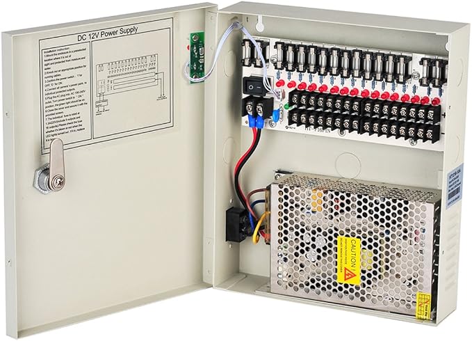 16 Channel Port 12V DC 10 Amp Amper with PTC Fuse Distributed Power Supply Box for CCTV DVR Security System and Camera or Cameras