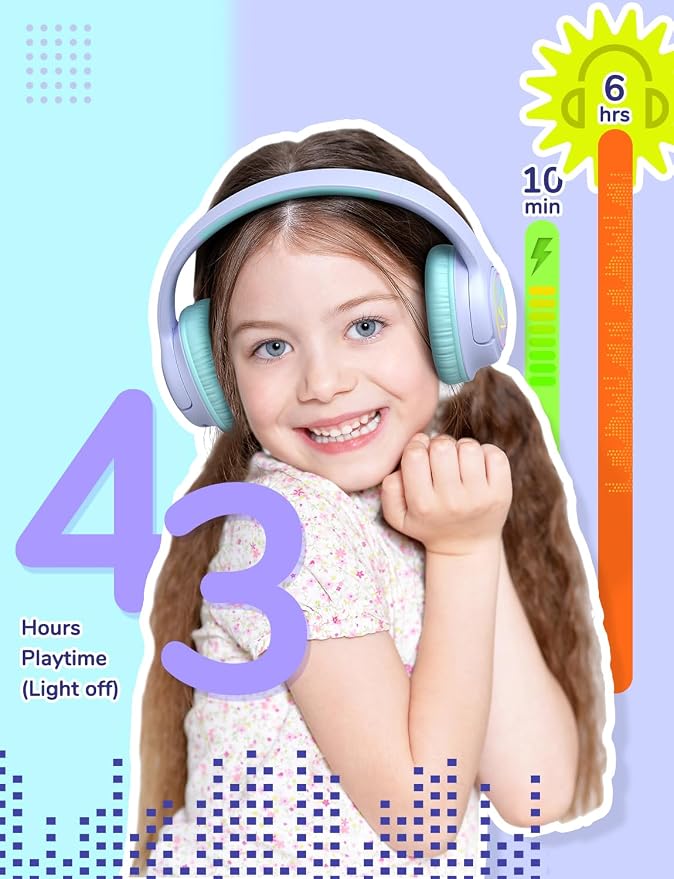 iClever Kids Bluetooth Headphones with LED Lights, BTH18 Safe Volume 74/85dBA, 43H Playtime, Bluetooth5.3 Kids Headphones Wireless Aux Cord for iPad/Tablet/Travel/School, Purple