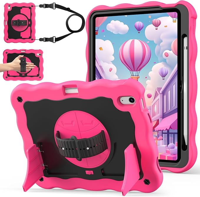 ZoneFoker for iPad A16 11th Generation 2025 / 10th Gen Case 2022, for 11 Inch / 10.9 Inch iPad Case Heavy Duty Cover Shockproof with Pencil Holder [360° Rotate Strap] & Stand, Hot Pink