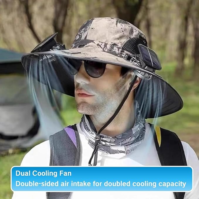 Solar Powered Fan Hat for Men Women Wide Brim Hat with 2 Fans UPF 50+ Outdoor Fishing Beach Sun Hat