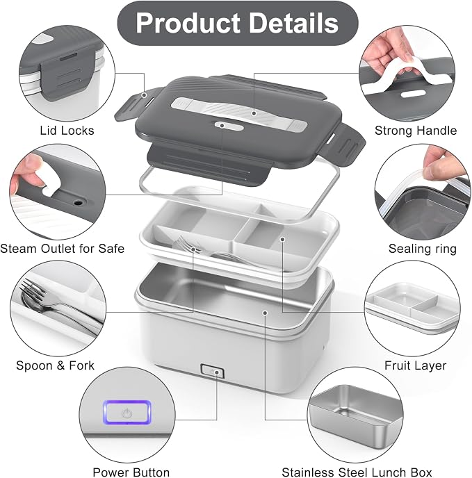 Herrfilk Electric Lunch Box Food Heater 100W, 4 in 1 Ultra Quick Heated Lunch Boxes for Adults 12V/24V/110V/220V Portable Food Warmer for Car/Truck/Office With Fork Spoon and Insulated Carry Bag