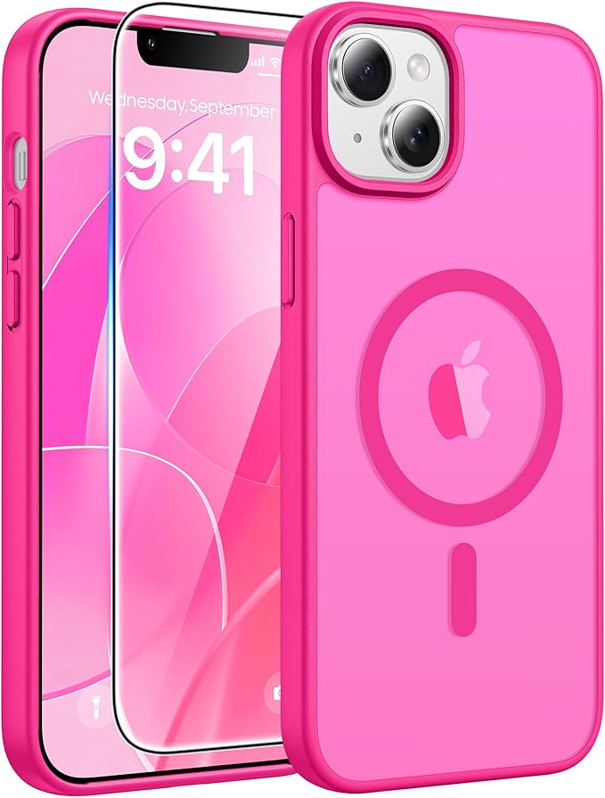 FNTCASE for iPhone 15 Plus Case: for iPhone 14 Plus Case [Compatible with Magsafe] Translucent Matte Cases with [Screen Protector] Military Grade Shockproof Protective Phone Cover - Hot Pink