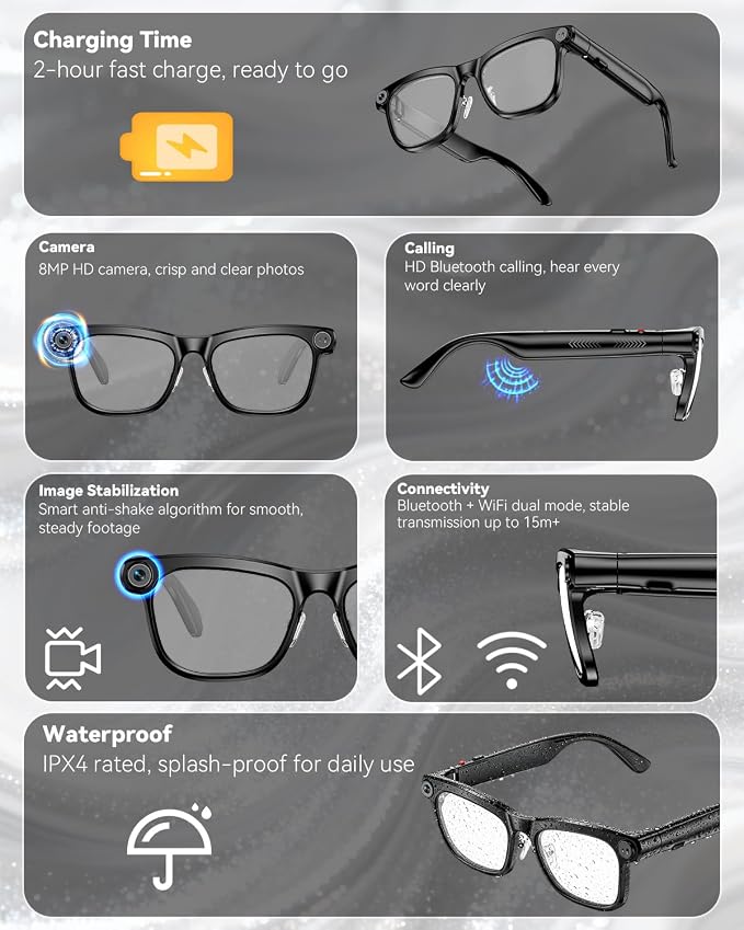 Smart Glasses with Camera, 4K HD Anti-Shake, Real Time Translation, AI Voice Assistant, Object Recognition, Smart Glasses for Women, for Travel/Meetings/Vlog（ Photochromic + Sunglass Lenses）