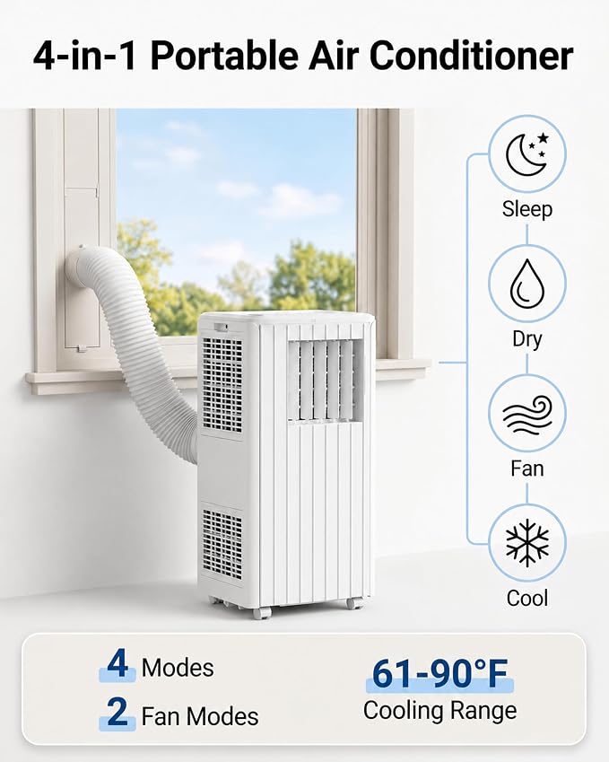 8000 BTU Portable Air Conditioners, Cools Up to 350 Sq. Ft, 4-in-1 Portable AC Unit for Rooms with Remote Control, Quiet Operation, 24H Timer, Window Installation Kit for Home Office