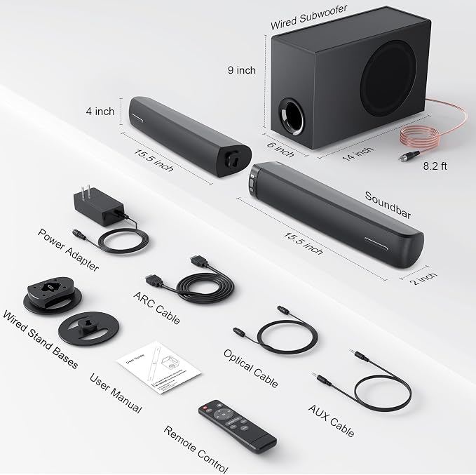 Sound Bar with Subwoofer, 110W Sound Bar for Smart TV with Adjustable Deep Bass & Volume Boost & 3 Equalizer Modes, Bluetooth/ARC/Opt/AUX, Detachable Soundbar for TV/PC/Gaming/Projectors