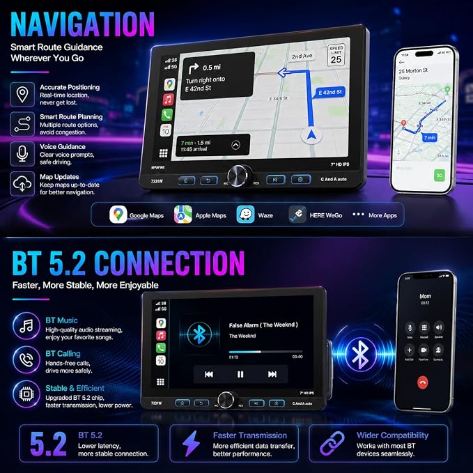 7 Inch Single Din Car Stereo Wireless Apple CarPlay & Android Auto, Detachable Rotatable HD Touchscreen Radio with Bluetooth 5.2, FM AM RDS, USB Type-C, MP5 Player, Backup Camera Input, 4×25W