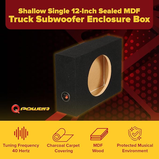 Q-Power Shallow Single 12 Inch Heavy Duty Sealed MDF Material Truck Audio Subwoofer Enclosure Box with Durable Carpeted Exterior, Charcoal Gray