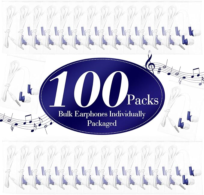 Konohan 100 Packs Bulk Earbuds with Wire Earphones Classroom Wired Headphones for Students Headphones Individually Bagged, 8 Colors Ear Buds Bulk for Classroom School Library (Blue)