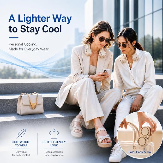 Portable Necklace Neck Fan for Teens & Adults, Lightweight 6.3 oz Wearable Fan, Rechargeable Foldable Hands-Free Mini Neck Fan with 360° Adjustable Airflow for Travel, Office, Commuting