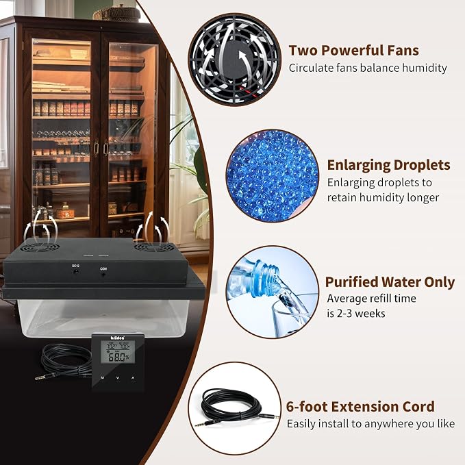 Briidea Electric Cabinet Humidifier, 30–80% RH Settings, Precise Temperature & Humidity Monitoring, Fits 10–20 Cu. Ft. Cabinets, 12V Adapter Powered