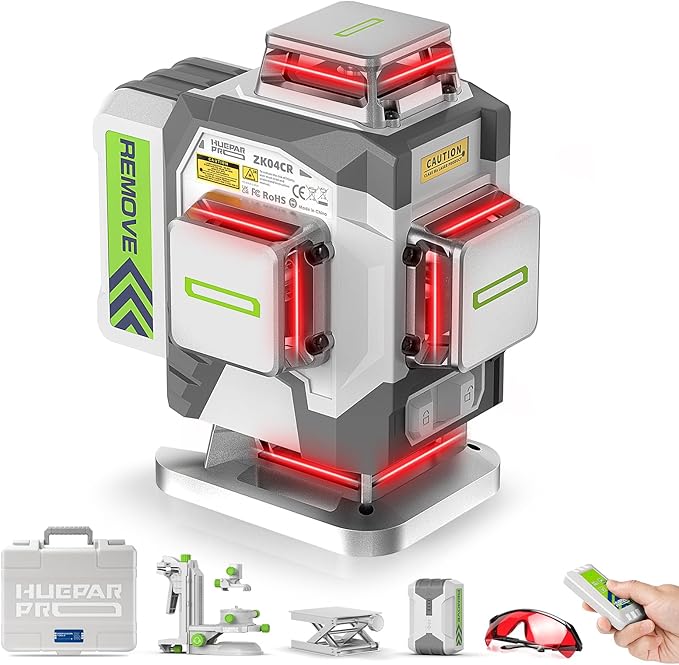 Huepar Pro Laser Level, 16 Lines Self-Leveling 4x360 Red Beam Cross Line Laser Tool, High Accuracy Professional 4D Tiling Floor Laser Level with Rechargeable Li-ion Battery & Hard Carry Case, ZK04CR
