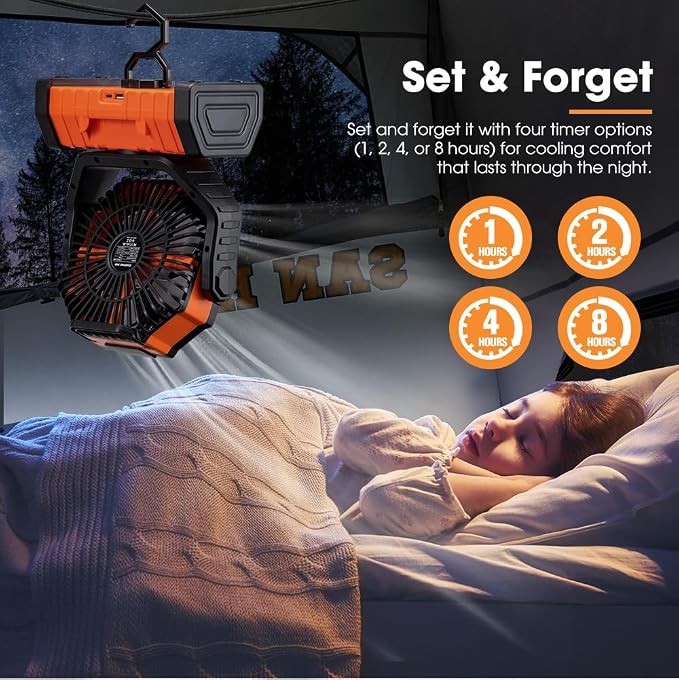 SAN HIMA Battery Powered Camping USB Desk Fan - 20000mAh Rechargeable Battery Operated, with LED Light, 4 Speed Oscillation, 360° Rotation, Hanging Hook, Cordless, for Tent, Outdoor