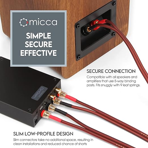 Micca 14 Gauge Pure Copper Speaker Cables, 13 Feet Each (4 Meters), 2 Pack Pair, Gold Plated Banana Plugs Connectors, Soldered Construction, Slim Design, 245 Strands, for Stereo or Home Theater
