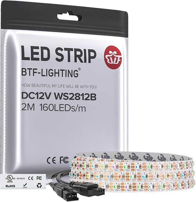 BTF-LIGHTING WS2812B IC RGB 5mm Ultra Narrow LED Strip 2020SMD DC12V Individually Addressable 6.4FT 160Pixels/m 320LED Dream Color Tape Light for Home DIY Decoration IP30 (No Adapter or Controller)