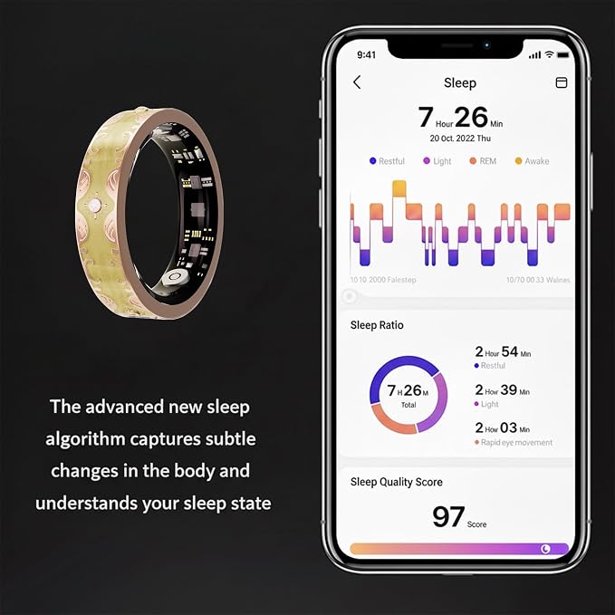 Smart Ring for Women Gift, Fitness & Vital Signs Monitoring, Sleep Tracker/Remote Photography/No Subscription(Yellow,8#)