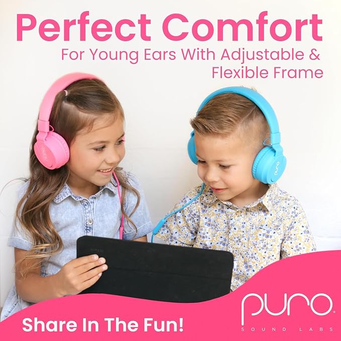 Puro Sound Labs Kids Wired Headphones – Volume-Limiting & Adjustable, Safer & Comfortable Headphones for Kids – Compatible with PCs, Smartphones & Tablets, Ideal for School & Travel – PuroBasic, Pink