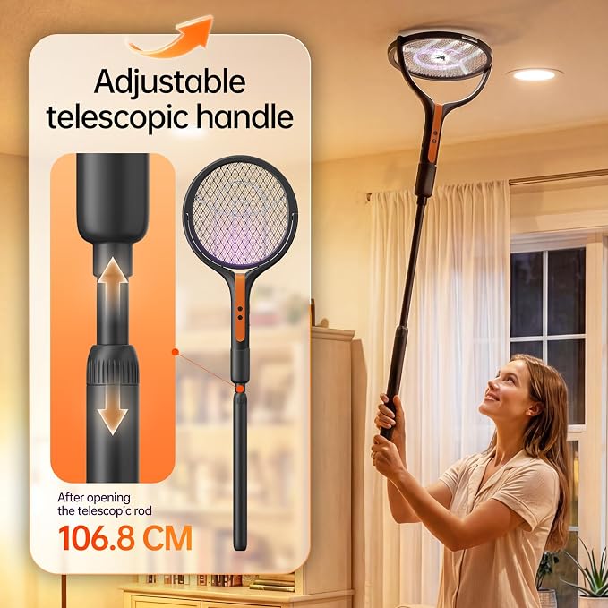 Rotating Head Electric Fly Swatter, 2800V Bug Zapper with Telescopic Extension, 3-in-1 Rechargeable Mosquito Racket for Handheld/Standing/Wall Mount Use - Indoor Outdoor