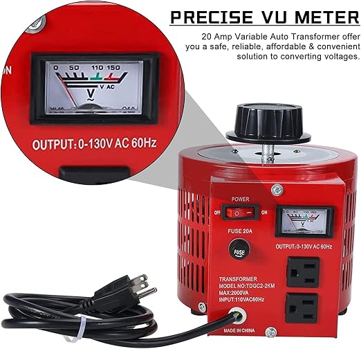 YaeCCC 2000VA Variable Transformer Voltage Regulator Transformer Converter Auto Variable,20Amp Variable Transformer,110V Input 0-130V Output AC Voltage Regulator,4 Extra Fuses