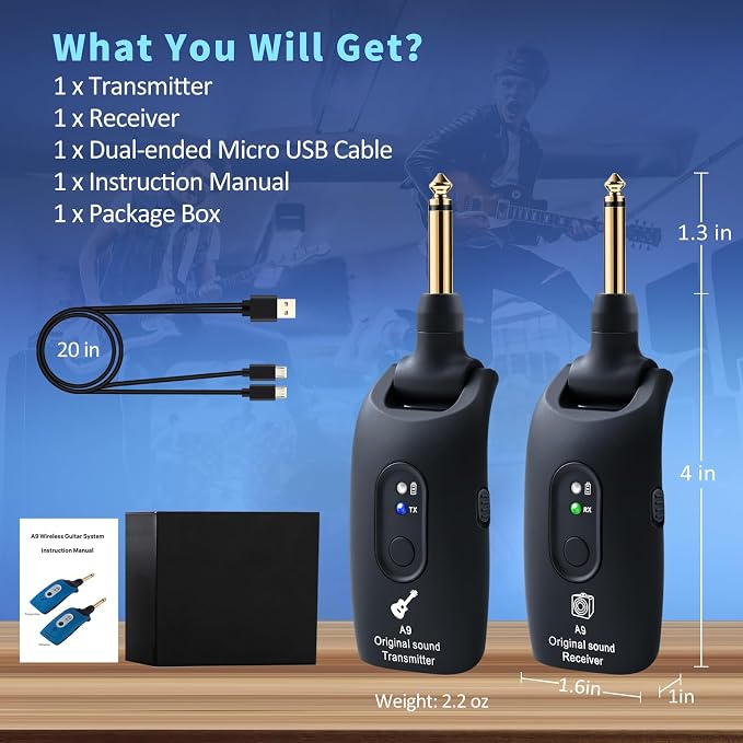 2.4GHz Wireless Guitar System Rechargeable Audio Wireless Transmitter Receiver for Guitar Bass Electric Instruments,Over 30m/100 Feet Transmission,270°Rotatable,4hours Woring Time（A9 Black）