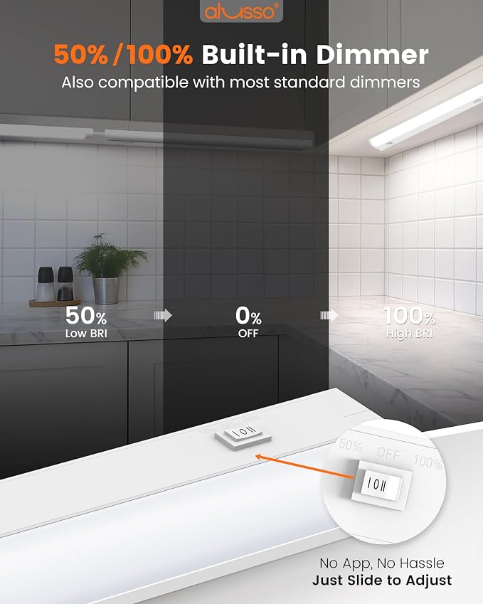 ALUSSO 24 Inch LED Under Cabinet Lighting Hardwired & Plug in 120V, 5CCT Color Selectable 2700K-5000K Dimmable 15W 1350LM High Brightness, Strip Linkable Under Counter Lights for Kitchen Sink, 2 Pack