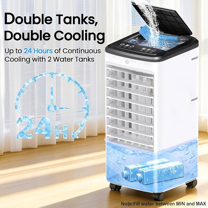 Windowless Air Conditioner, Portable Swamp Cooler with 2 Water Tanks, 4-in-1 Evaporative Air Cooler with Remote, 4 Modes 3 Speeds, 12H Timer, 4 Ice Packs, Ventless Cooling Fan for Room Home Office